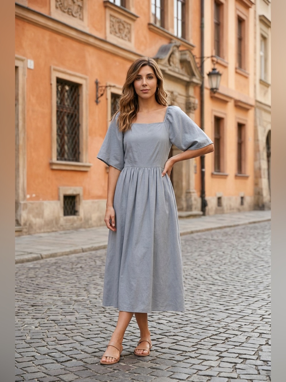 #275  Elegant Slate Gray Square-Neck Maxi Dress